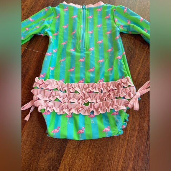 Ruffle Butts Green Flamingo Print Kids Swimwear - Picture 6 of 12